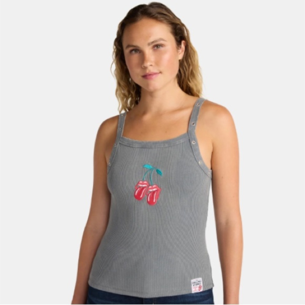 The Rolling Stones cotton Gray Tank with grommets & embroidered Cherry Motif NWT
